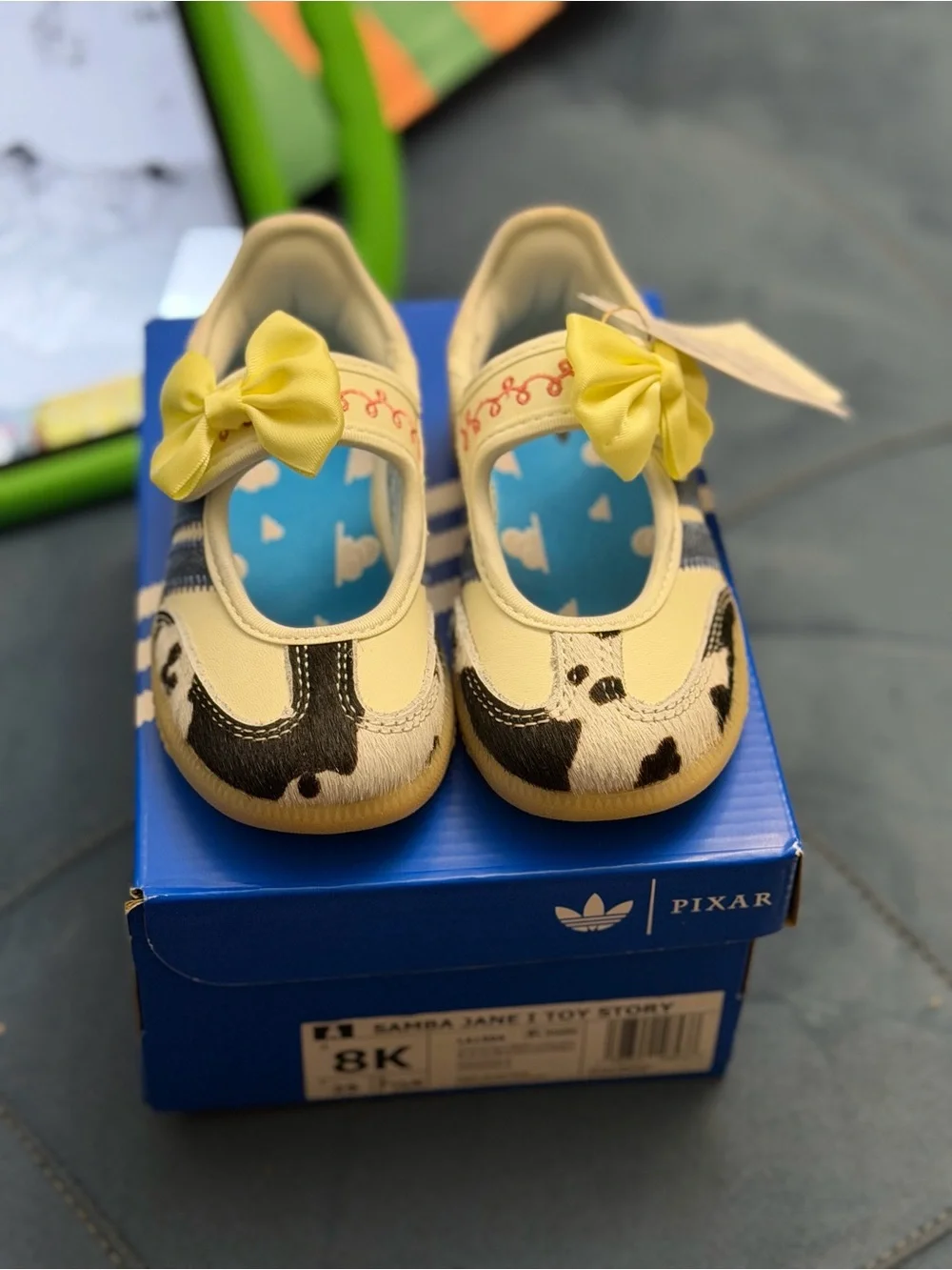 adidas Kids Toy Story Jessie Shoes in White, Black & Yellow Bow